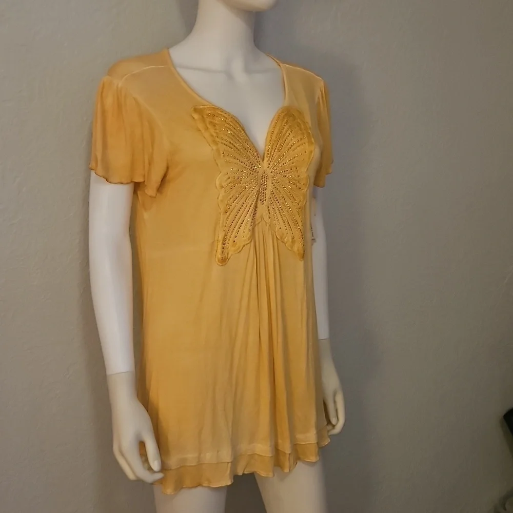 ONE WORLD Canary Yellow Embellished Butterfly Short Sleeve Fairy Tunic Top